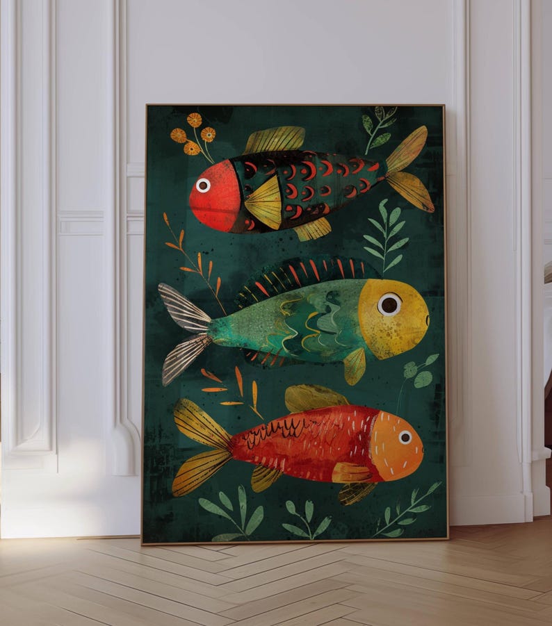 This vibrant poster, printed on museum grade paper, depicts a school of three colorful and playful fish on a dark green background.  The 3 fish are somewhat abstract looking, large, and colorful.  Colors are shades of red, green, orange, red, yellow, and brown. Great gift for fish lover.