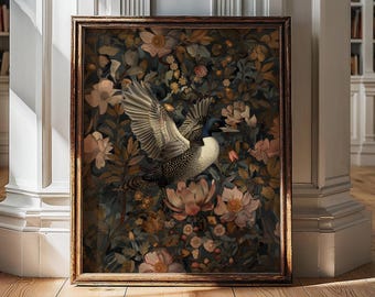 Arte de pared de colimbos, impresiones de colimbos, arte de pared de pájaros, impresión de William Morris, colimbos, arte de pared estético, póster vintage, impresión botánica, regalo para amantes de las aves
