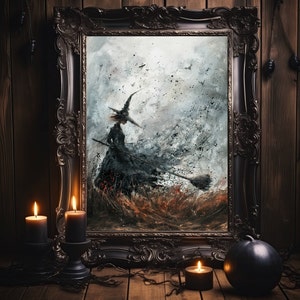 This oil painting style poster print features an illustration of a witch holding a broom.  The witch is standing in a windy and brooding field.  Ther colors are shades of charcoal, gray, and black.  The field is tones or red, brown, and orange.