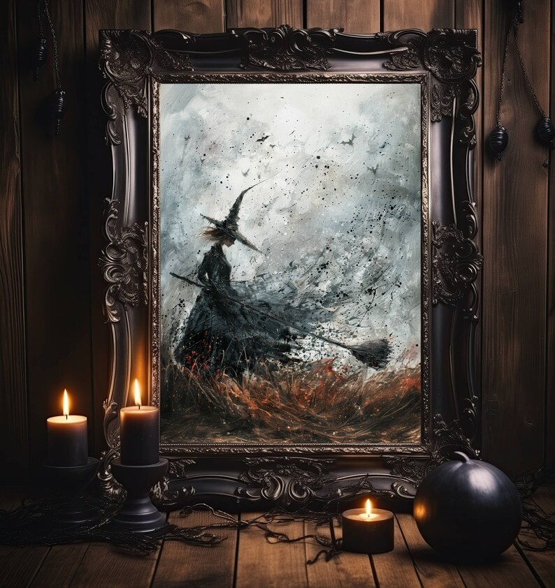 This oil painting style poster print features an illustration of a witch holding a broom.  The witch is standing in a windy and brooding field.  Ther colors are shades of charcoal, gray, and black.  The field is tones or red, brown, and orange.