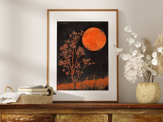 Blood Moon Print, Mystical Celestial,  Floral Moon Wall Art, Vintage Moon Print, Dark Academia, Vintage Nature Print, Celestial Moon Art