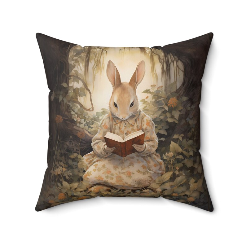 This delightful Walter Crane inspired watercolor illustration depicts a rabbit sitting in a forest, back illuminated, reading a book.  The colors are varying shades of brown, cream, brown, orange, and green. The rabbit is wearing old fashioned dress.