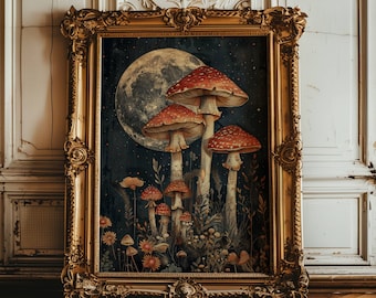 Puede incluir: Una ilustración enmarcada de una escena de bosque con luna llena y setas. Las setas son rojas y blancas con manchas blancas. El fondo es azul oscuro con estrellas.