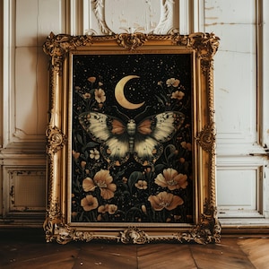 Moth Wall Decor, Moth And Moon Print, Magic Moon, Magical Decor Art, Witchy Aesthetic, Dark Prints, Dark Botanical Art, Insect Print