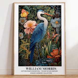 Floral Prints, Blue Heron Print, Bird Wall Art, William Morris Poster, Aesthetic Wall Art, Vintage Poster, Botanical Print, Wall Art Gift