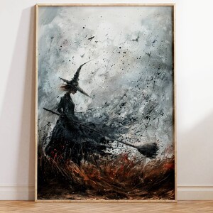 May include: A painting of a witch flying on a broomstick in a stormy sky. The witch is wearing a black dress and a pointed hat. The sky is filled with swirling clouds and bats.