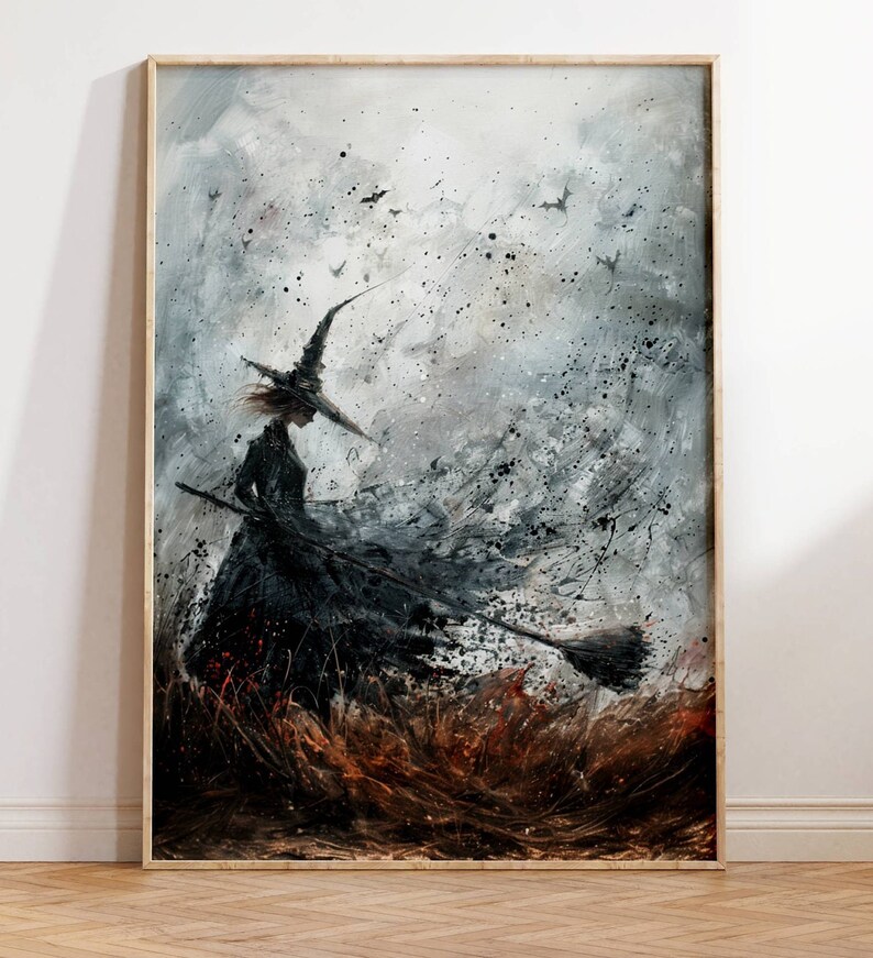 May include: A painting of a witch flying on a broomstick in a stormy sky. The witch is wearing a black dress and a pointed hat. The sky is filled with swirling clouds and bats.