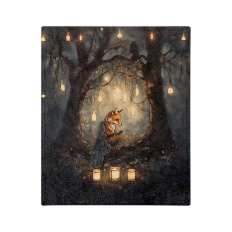 This beautiful Walter Crane inspired sherpa fleece blanket depicts an illustration of a fox reading at night in the forest surrounded by little lights.  The fox has a blue blanket draped over his back.