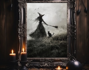 May include: A black framed picture with a watercolor painting of a witch in a black dress and hat, holding a broom and walking with a black cat in a field.