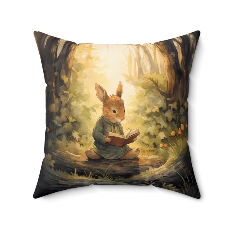 This delightful Walter Crane inspired watercolor illustration depicts a cute bunny reading a book while sitting  on a log in a lush forest, with bright sunlight in the background.  The bunny is wearing  blue pajama dress.