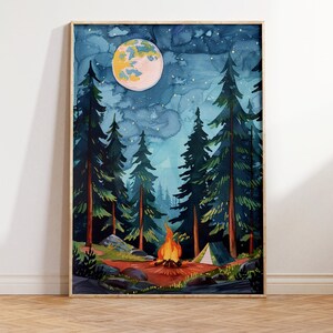 May include: Watercolor painting of a nighttime camping scene. Tall green pine trees surround a campfire with a tent in the background. A large, colorful moon hangs in the dark blue sky, with stars and clouds.