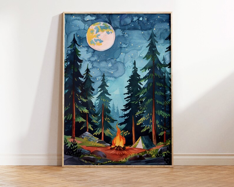 May include: Watercolor painting of a nighttime camping scene. Tall green pine trees surround a campfire with a tent in the background. A large, colorful moon hangs in the dark blue sky, with stars and clouds.