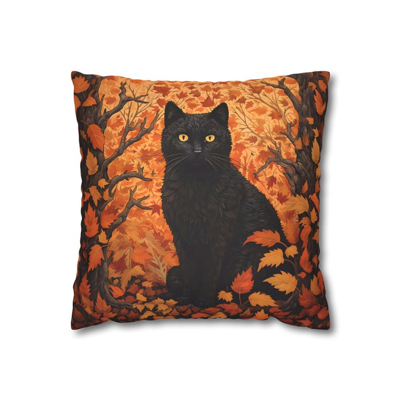 Cat Pillow Cover, Black Cat Halloween, Fall Pillow Covers, Fall Home Decor, Black Cat Decor, Witchy Cat, Gothic Decor, Black Cat Lover Gift image 2
