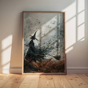 May include: A framed watercolor painting of a witch flying on a broomstick. The witch is wearing a black dress and a pointed hat. The background is a stormy sky with swirling clouds and rain.