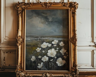 Wildflower Print, Oil Painting Print, Vintage Landscape, Field Painting, Moody Landscape Art, Moody Home Decor, Vintage Art Print For Her