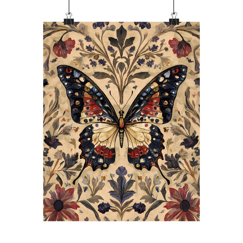 Decoración de pared con mariposas, estampado de mariposas, arte de pared con un toque melancólico, William Morris, decoración de pared estética, arte cottagecore oscuro, regalos de mariposas para ella imagen 4
