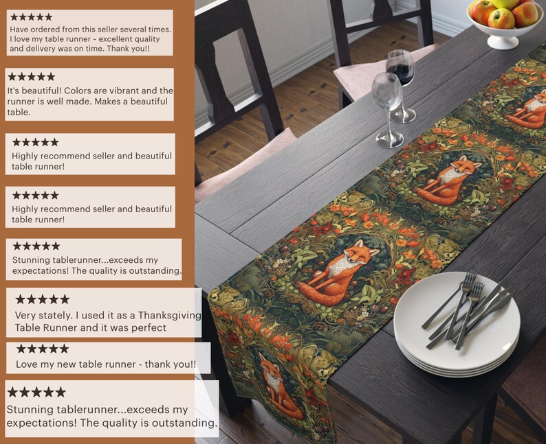 May include: A table runner with a forest scene featuring foxes, flowers, and leaves. The runner is green, brown, and orange. The runner is on a wooden table with a plate and silverware.
