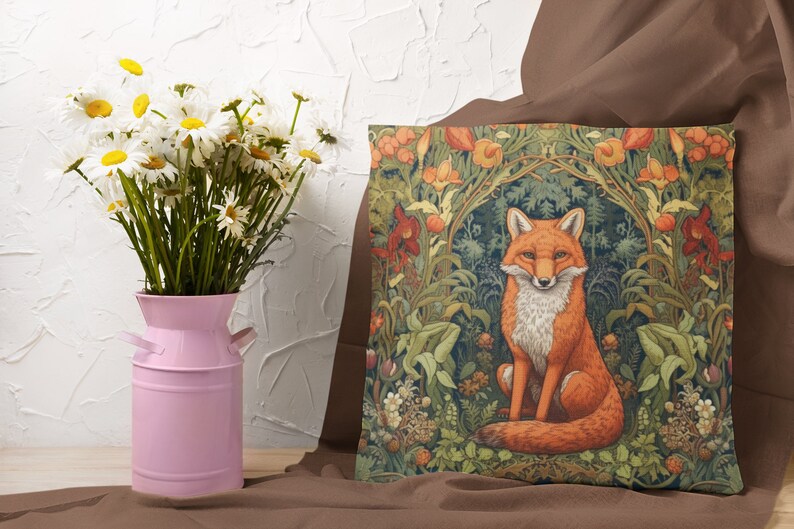 May include: A decorative throw pillow with a fox sitting in a lush green forest scene. The fox is orange and white with a bushy tail. The background is filled with green leaves, flowers, and vines.