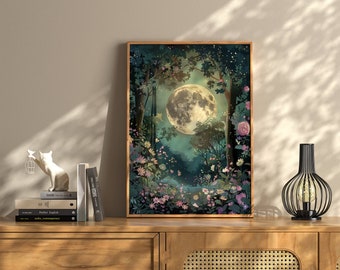 Moon And Flowers Print, Floral Moon Wall Art, Vintage Moon Print, Wildflowers Moon, Cottagecore Print, Vintage Nature Print, Whimsigoth Art