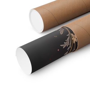 May include: A black and gold floral print poster rolled up inside a brown cardboard tube.