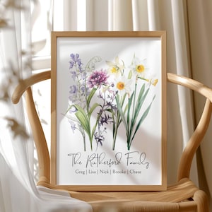 Family Birth Flowers, Personalized Mothers Day Gifts, Personalised Watercolor Birth Flower Print, Birthday Gift,  Personalised Gifts For Mom