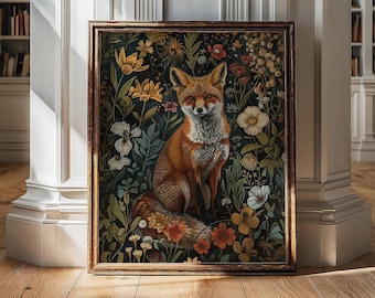 Vintage Fox Print, Dark Academia Decor, Fox Wall Art, Dark Oil Painting, William Morris, Fox Gifts, Fox Art, Fox Lover Gifts For Her