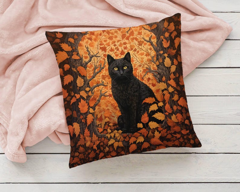 May include: A black cat with yellow eyes sits in a forest of orange and brown leaves. The cat is looking directly at the viewer. The background is a dark brown with a hint of green.