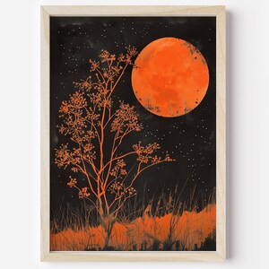 Peut inclure: Une illustration num&eacute;rique d'un arbre aux branches et aux feuilles orange sur un fond noir avec une grande lune orange et des &eacute;toiles blanches.