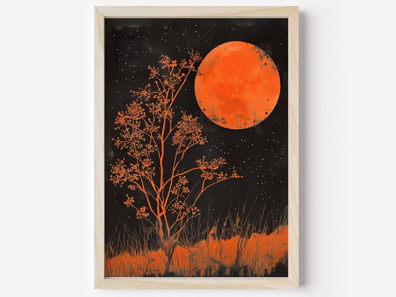 Peut inclure: Une illustration num&eacute;rique d'un arbre aux branches et aux feuilles orange sur un fond noir avec une grande lune orange et des &eacute;toiles blanches.