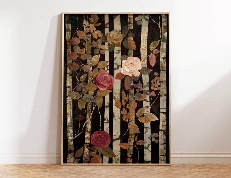 Vintage Folk Art, Birch Tree Wall Art, Botanical Wall Art, Roses Wall