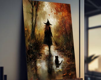 May include: A framed art print depicts a witch in a black cloak and hat walking through a forest with a black cat. The artwork has a warm color palette of browns, oranges, and yellows, with a touch of green.
