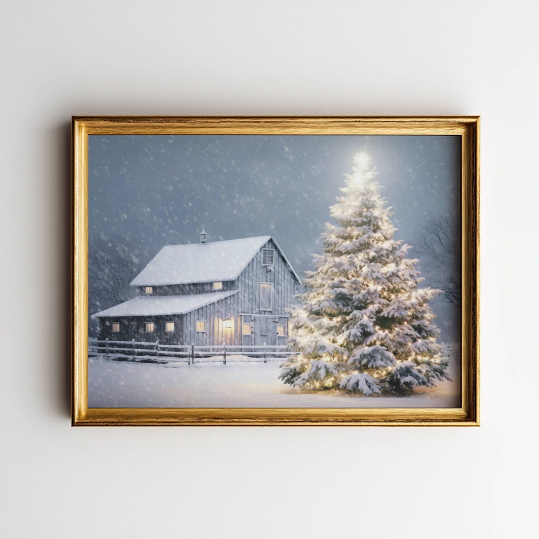 Rustic Christmas Barn Print, Farmhouse Winter Wall Art, Snowy Holiday ...