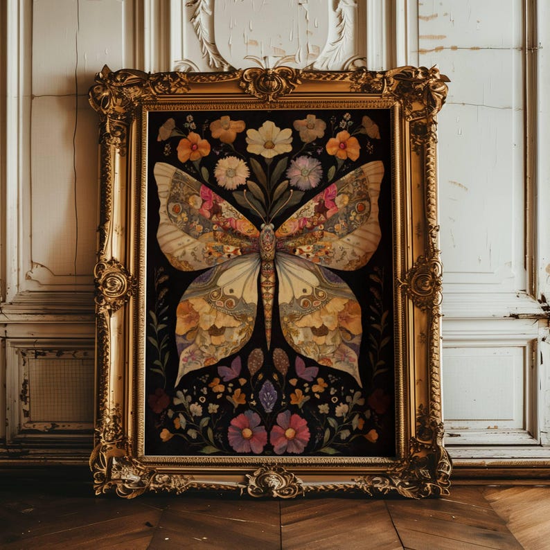 May include: A framed artwork featuring a large butterfly made of pressed flowers and leaves. The butterfly is in shades of yellow, brown, and pink, and is surrounded by a variety of flowers in shades of pink, purple, and blue. The artwork is set against a black background.