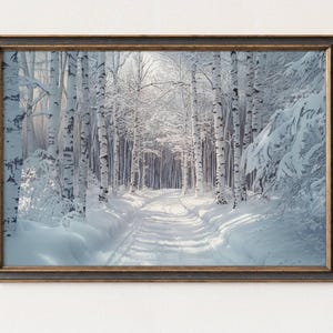 Puede incluir: Impresi&oacute;n art&iacute;stica enmarcada de un paisaje invernal. La obra representa un bosque nevado con un camino que atraviesa los &aacute;rboles. Los abedules tienen corteza blanca y negra. El marco es oscuro con un borde interior dorado.