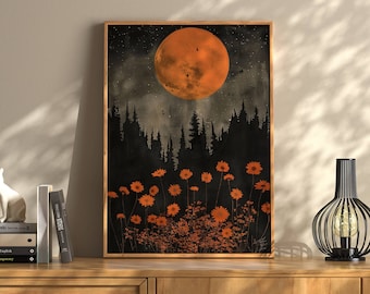 Orange Moon And Flowers Print, Floral Moon Wall Art, Vintage Moon Print, Wildflowers Moon Dark Academia, Vintage Nature Print Whimsigoth Art
