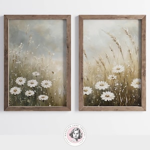 Wildflower Prints, Set of 2, Wildflower Poster, Vintage Wall Art, Landscape Painting, Neutral Split Print, Farmhouse Decor, Muted Landscape