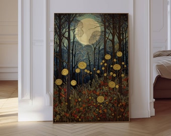 Vintage Autumn Prints, Fall Prints, Moon And Flowers Print, Floral Moon Wall Art, Vintage Moon Print, Wildflowers Moon, Autumn Woodland