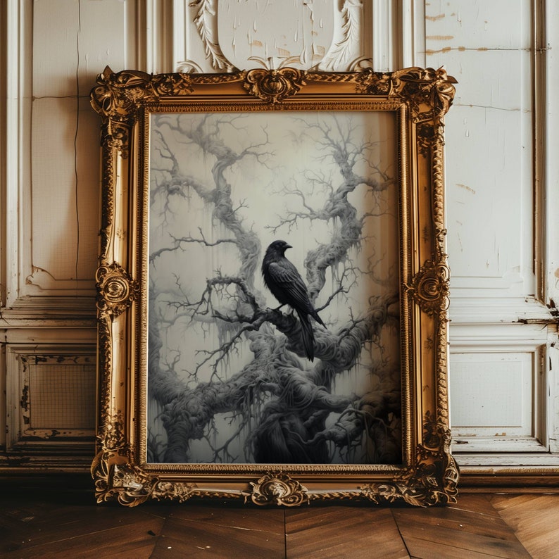This gorgeous poster print features a raven perched on a branch in a dark and foggy forest. .  The branches feature dripping moss.  It is a dark and moody print with varying shades of black, gray, and a creamy beige background.