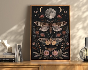 May include: A black canvas print with a dark background featuring two moths, a full moon, and floral elements. The moths are depicted in a realistic style with intricate details. The moon is surrounded by a crescent moon and stars. The floral elements are arranged around the moths and moon, creating a whimsical and ethereal scene.