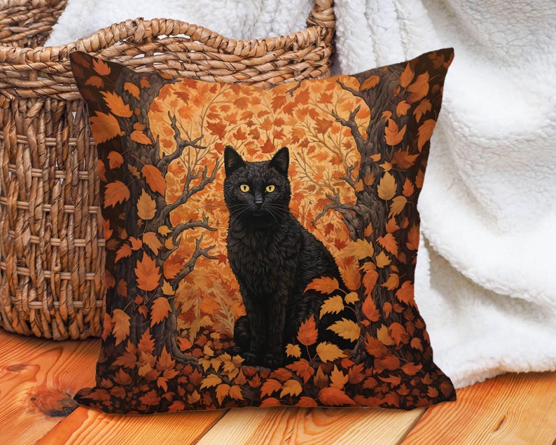 This gorgeous faux suede black cat pillow cover is the perfect addition to your fall witchy decor! The black cat is facing forward and surrounded by Autumn colored leaves and framed by two trees. Colors are rich, varying shades of orange and brown.
