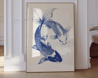 Japanese Art Print, Blue Koi Fish, Vintage Print, Trendy Wall Art, Aesthetic Wall Art, Japanese Wall Art, Koi Fish Print, Artful Art