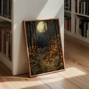 May include: A framed print of a moonlit forest scene with a full moon shining brightly in the sky. The forest floor is covered in a carpet of ferns and orange flowers.