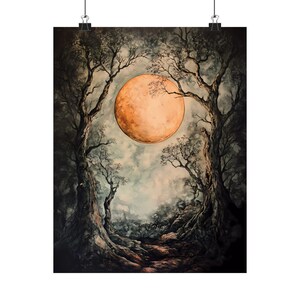 Impresión de luna, impresión de bosque gótico, decoración de pared gótica, impresiones de bosques, impresión de naturaleza vintage, decoración de pared de bosque, regalos góticos para ella, luna de sangre imagen 6