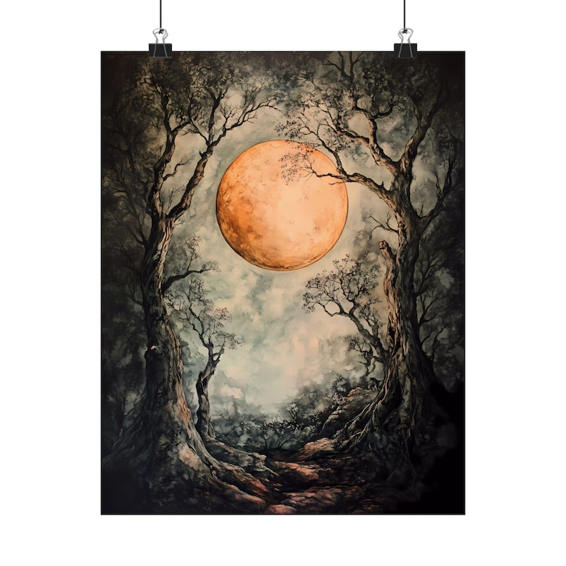 Impresión de luna, impresión de bosque gótico, decoración de pared gótica, impresiones de bosques, impresión de naturaleza vintage, decoración de pared de bosque, regalos góticos para ella, luna de sangre imagen 6