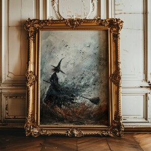 May include: A framed painting of a witch flying through a stormy sky. The witch is wearing a black dress and a pointed hat. The painting is done in a dark and moody style.