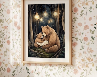 Bear Print Nursery Wall Art, Bookish Decor, Book Nursery Decor, Bookish Baby Decor, Forest Nursery Decor, Woodland Animals Prints