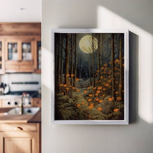 May include: A framed painting of a moonlit forest scene with glowing orange mushrooms and a full moon in the background.