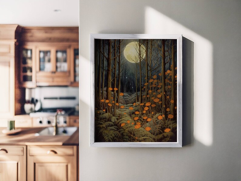 May include: A framed painting of a moonlit forest scene with glowing orange mushrooms and a full moon in the background.