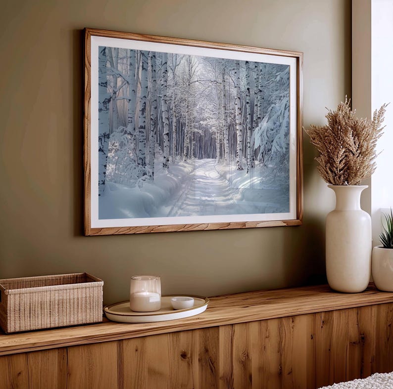 This gorgeous poster, printed on museum grade paper, depicts a detailed winter landscape.  A windy country road heavy with snow and lined with snow covered birch trees.  This poster is a perfect compliment to your winter and Christmas decor.