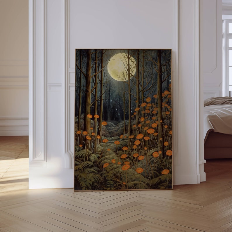 May include: A painting of a moonlit forest with a full moon in the center of the image. The forest is filled with tall trees and ferns, and there are orange flowers scattered throughout the scene.